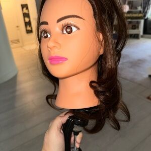 Brown Hair Cosmetology Mannequin Head with Pink Lip Makeup